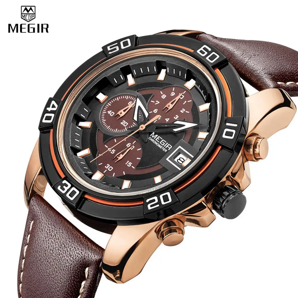 MEGIR Chronograph Sport Watch Men Analog Digital Watch Luxury Genuine Leather Band Fashion Men Watches Relogio