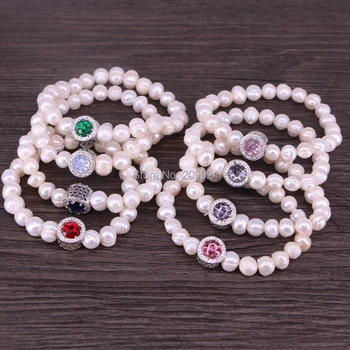 

Fashion 10Pcs Mixed Color Cubic Zirconia Pearl Stretch Bracelets For Women