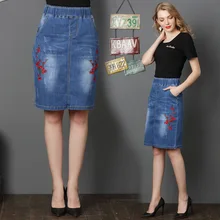 Модная брендовая Женская юбка с цветочной вышивкой, длинная джинсовая юбка с эластичной резинкой на талии, Женская юбка с разрезом