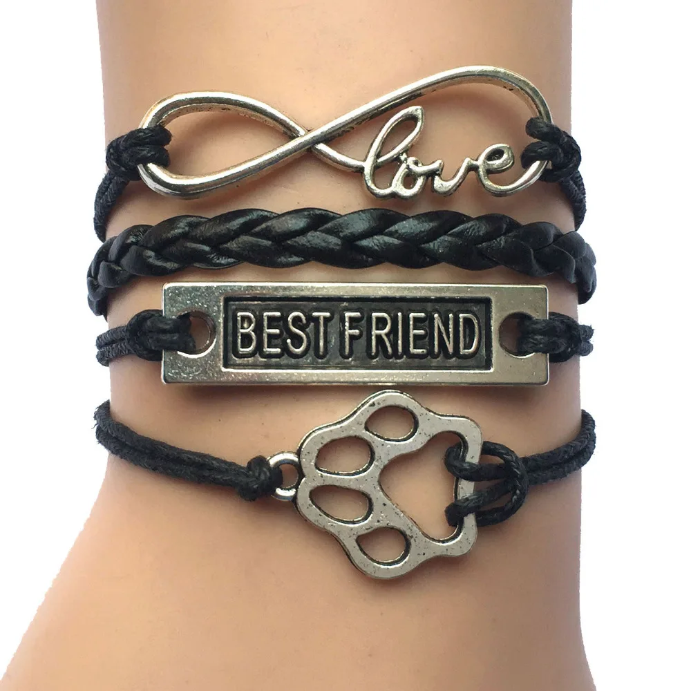

Drop Shipping Assorted Colors Handmade Leather Wrap Infinity Love Best Friend Charm Paw Print Puppy Bracelet Gift for Pet Friend