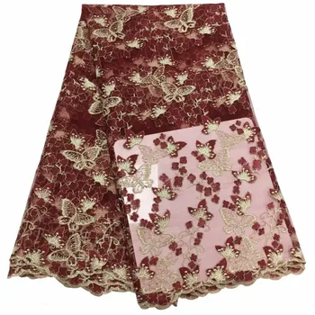 

african lace fabric embroidered butterfly lace fabric with stones wine french lace fabric for wedding dress 5yards per lot
