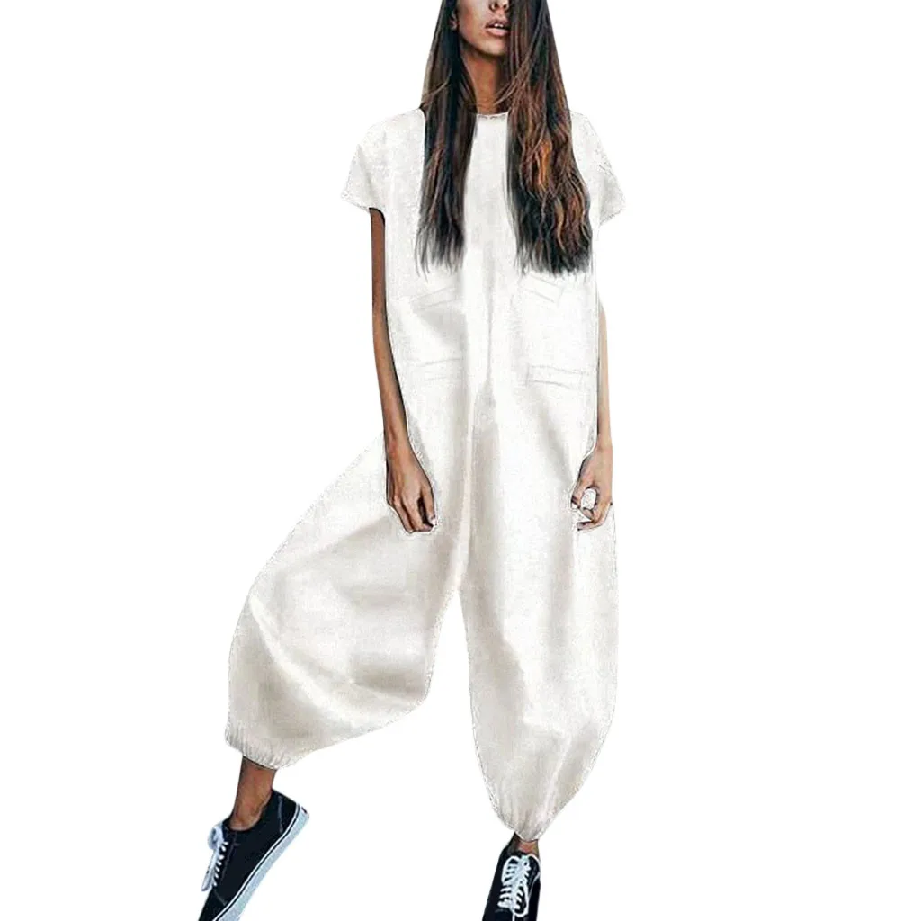 

Linen Harem Jumpsuit Women O Neckline Solid Romper Short Sleeve Casual Zipper Loose Jumpsuits combi pantalon femme 2019 #9