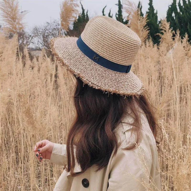 Panama Straw Hat Summer M Letter Hats For Women Sun Shade Tourism Boater Hat Wide Brim Burr Raffia Chapeau