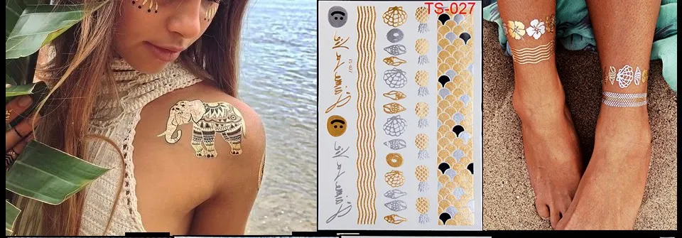 Водонепроницаемый черный браслет Gold Tattoo вспыш металлик татуировки золото Временные татуировки Стикеры для Для женщин