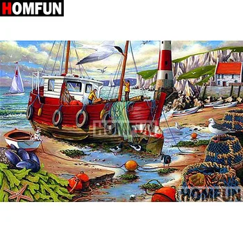 

HOMFUN Full Square/Round Drill 5D DIY Diamond Painting "Seaside boat" Embroidery Cross Stitch 5D Home Decor Gift A07953