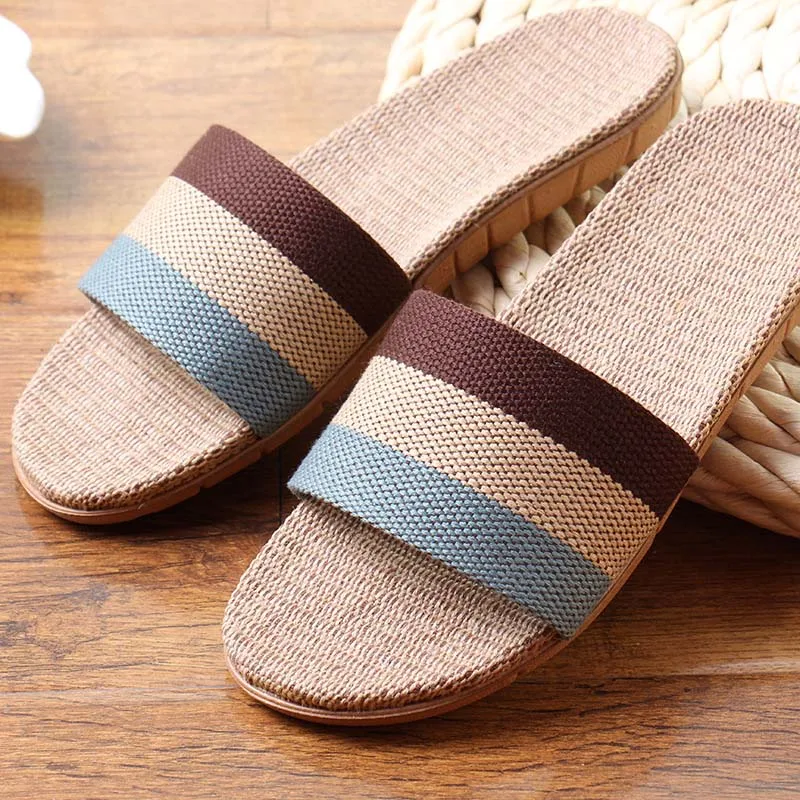 Summer Home Slippers Men Shoes Linen Flip Flops Striped Couples Slides Antiskid Indoor Slippers Flat Home Shoes Pantoufle Homme - Цвет: Коричневый