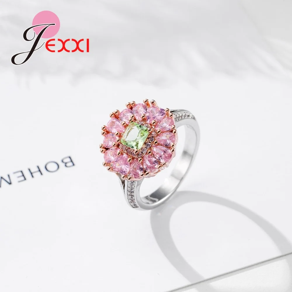 Взрывные Модели 925 пробы Серебряное кольцо с розовым кристаллом в форме цветка в европейском и американском стиле