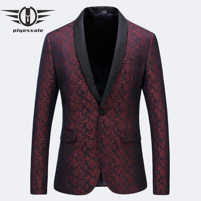 Navy Blue Burgundy Blazer Men Spring Slim Fit Fashion Printed Floral ...