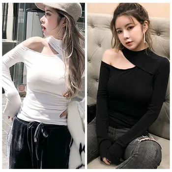 

New Arrival!Black T Shirt Women Cut Out Shoulder Letter Tape Fitted Tee Shirt Femme Autumn Womens Clothing Long Sleeve Tops