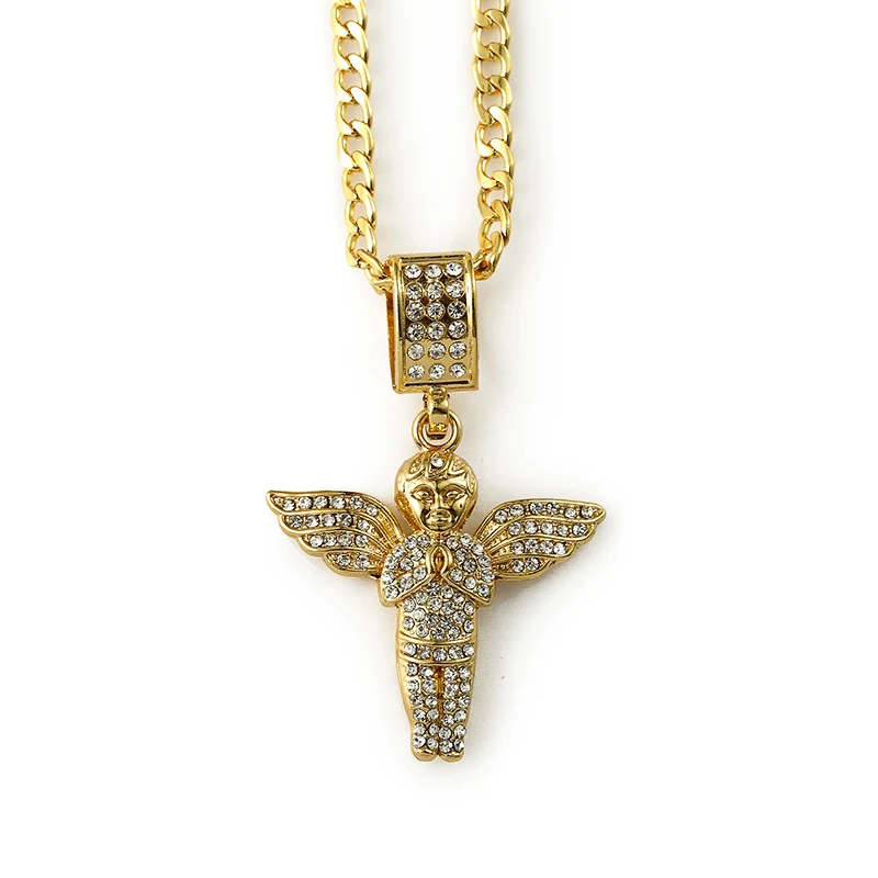 Good Golden Iced Out Angel Pendant Hip Hop Bling Full Rhinestone