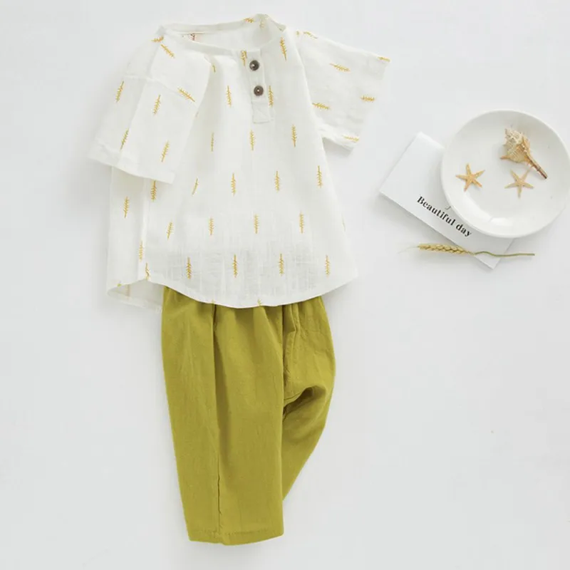 COOTELILI Cotton Linen Toddler Boys Summer Clothing Children Sets Short Sleeve T-shirt+ Pants Girls Clothing Sets 80-120cm (11)