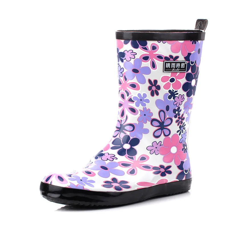 Purple flower fashion rain boots Korean female adult summer flat skid SUB1241