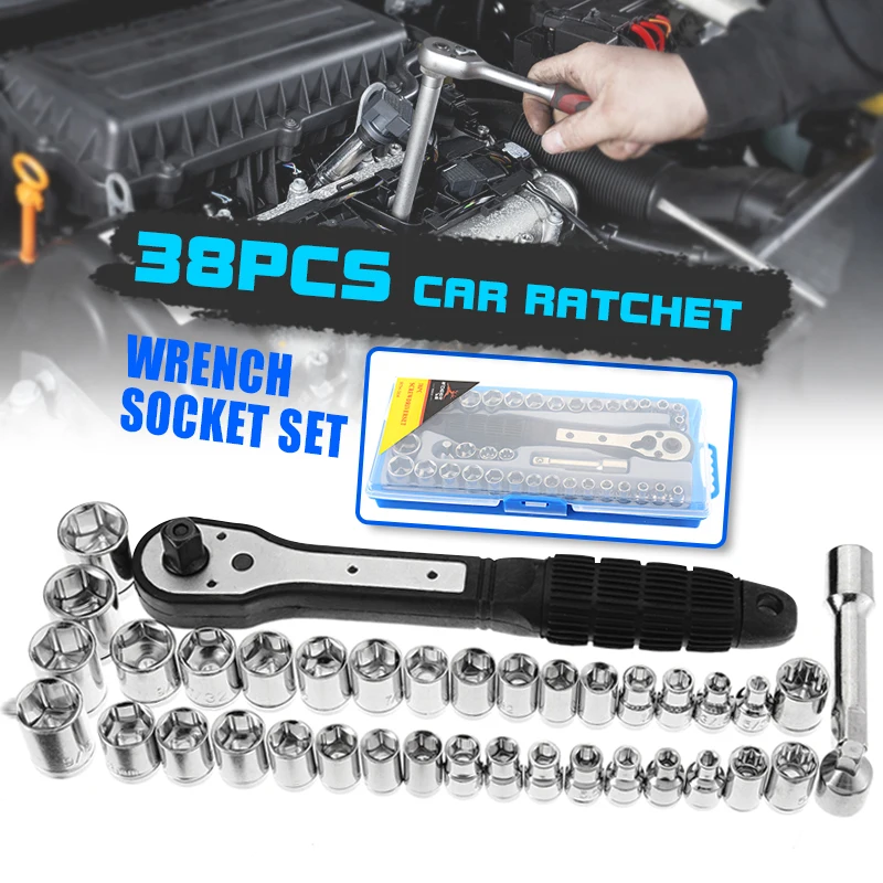

38Pcs Repair Tool 4-15mm 3/8 Inch/ Metric Ratchet Driver Socket Wrenches Tool & Box Kit Chrome Vanadium Steel Auto Repair Set