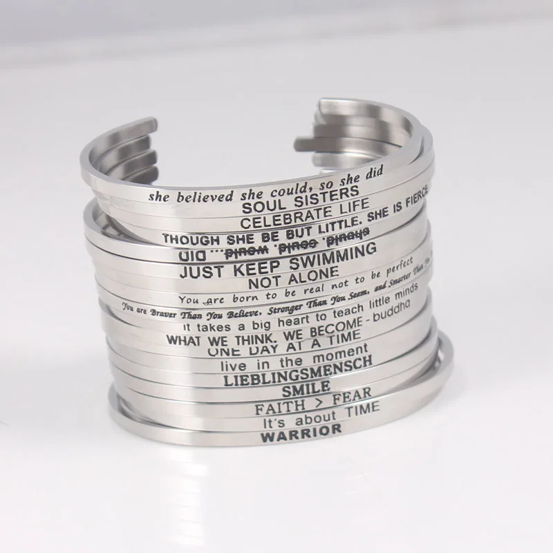 New Arrival Stainless Steel Positive Inspirational Bracelet Quote Cuff