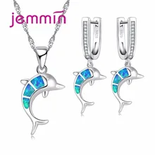 Милый Дельфин огненный синий опал камни 925 пробы серебряные Ювелирные наборы для женщин ожерелье кулон Висячие серьги кольца набор