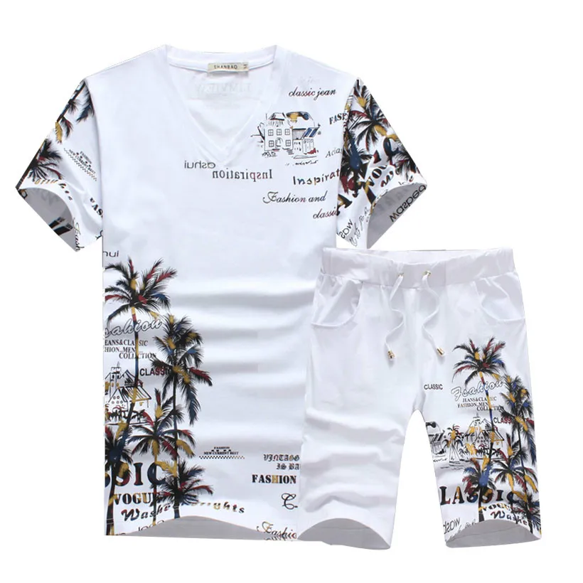 

Summer T Shirt Shorts Tracksuit Men Set Cotton V Neck Short Sleeve Tshirt Sweatshirt Pants Mens Sweat Suits Print Two Piece Set