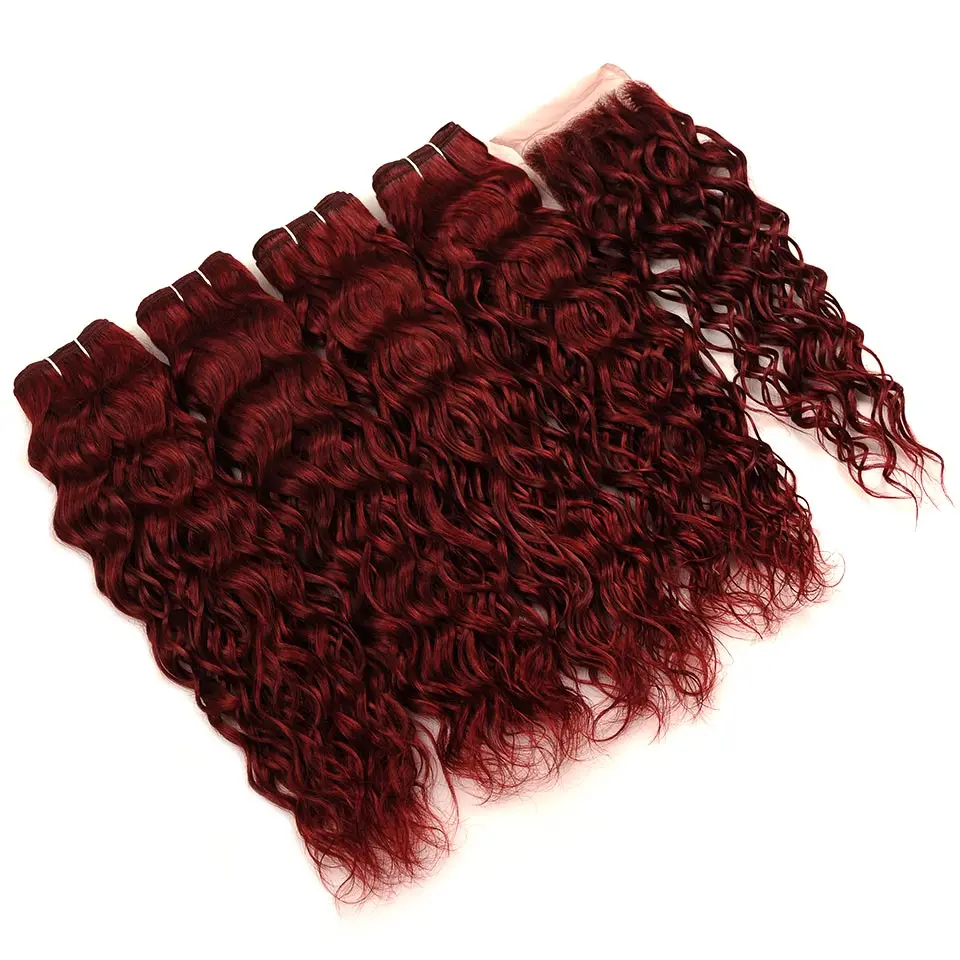Pinshair Bold Red 99J Peruvian Water Wave Hair 4 Bundles With Closure 100 Human Hair Weave Extensions With Closure Non Remy Hair