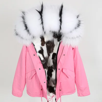OFTBUY,, парка, натуральный мех, пальто, зимняя куртка, женская, натуральный мех енота, воротник, свободный, серебристый, Лисий мех, подкладка, короткое пальто, модное - Цвет: raccoon fur collar