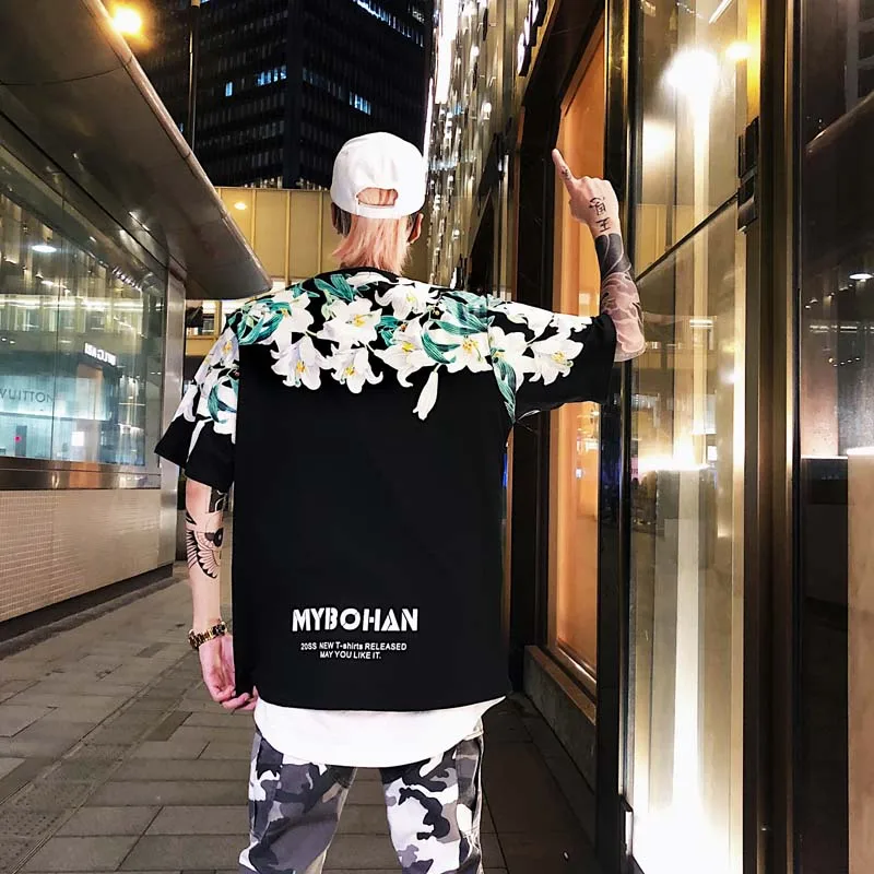 Лето г. с цветочным принтом футболки для мужчин футболки Harajuku топы хип хоп Swag Tyga повседневное однотонные хлопковые футболки уличная