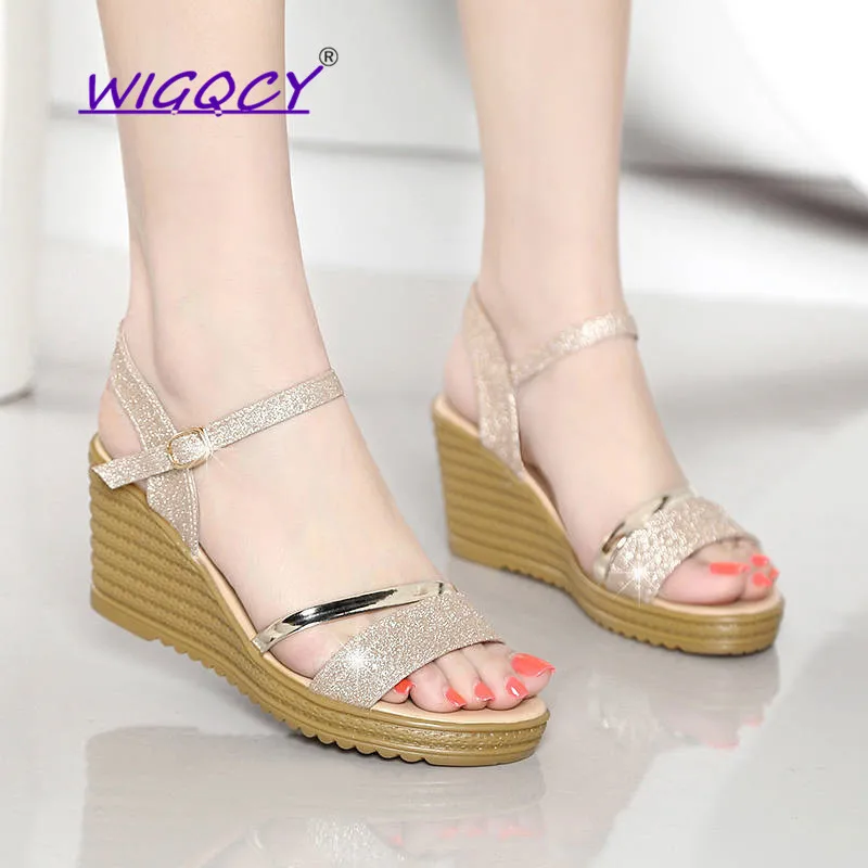 

Bling Wedges Peep Toe flat sandals women 2019 summer shoes women student High heel Buckle Strap Slip Rubber sole female shoes