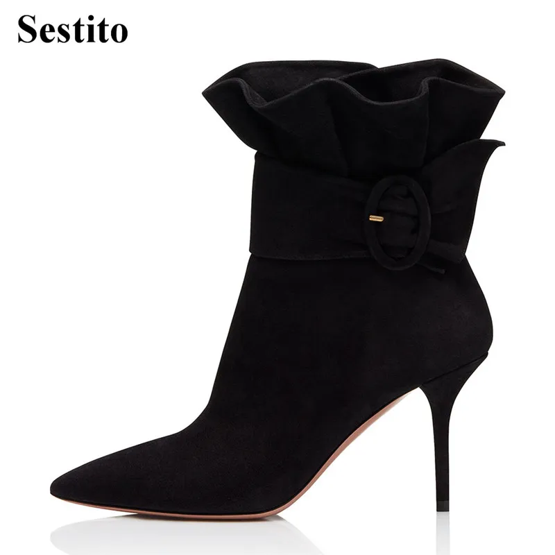 

European New Flock Buckle Woman Short Boots Pointed Toe Super High Heel Ankle Boots For Women Black Thin Heels Zip Women Shoes