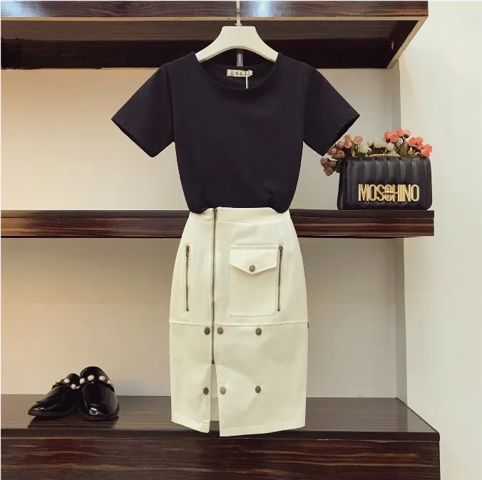 2019 جديد أزياء الصيف المرأة بلون قصيرة الأكمام التي شيرت + ضئيلة الورك سستة تنورة اثنين من قطعة السيدات بسيطة تنورة الدعاوى