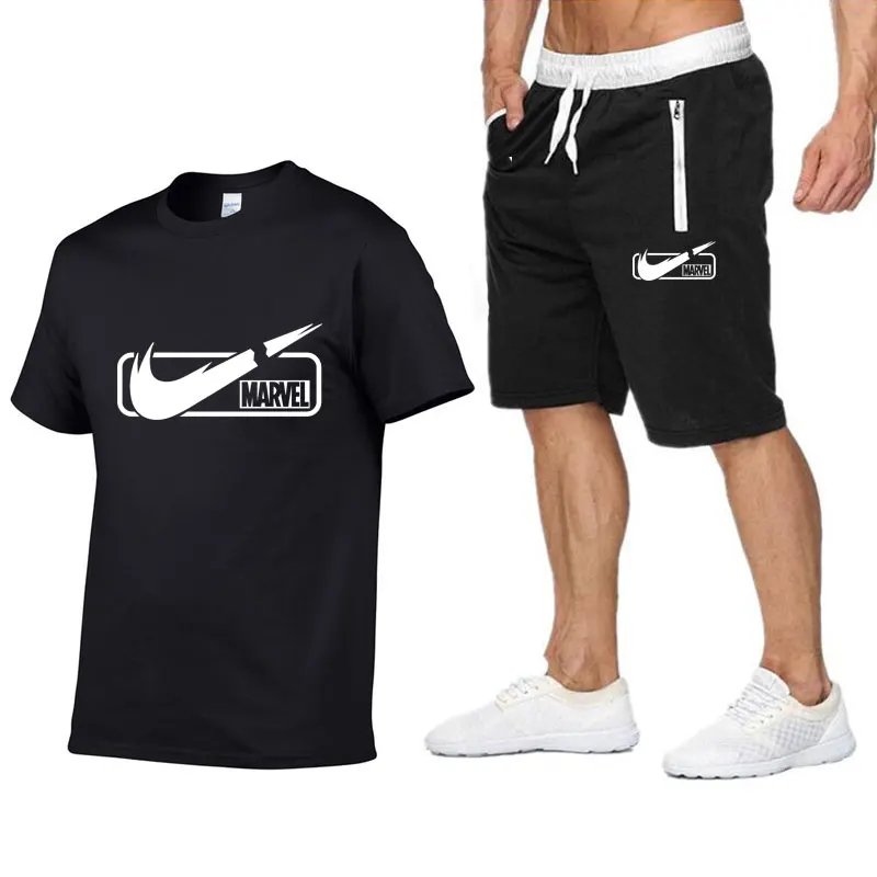 

2019 New Brand Mens T shirt+shorts Set Summer Short Sleeve Tracksuit Gyms casual Male T shirt 2 piece Brand clothing