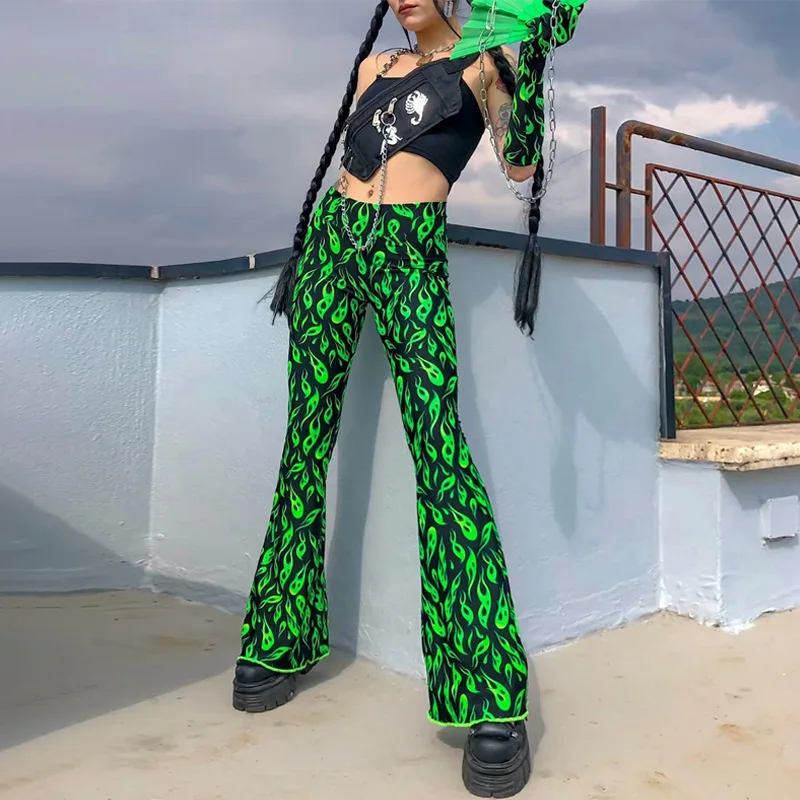 InstaHot Green High Waist Flare Pants Fire Printed Legging 2019 Autumn Winter Women Fashion Sexy Clubwear Trousers Pants InstaHot Green High Waist Flare Pants Fire Printed Legging 2019 Autumn Winter Women Fashion Sexy Clubwear Trousers Pants