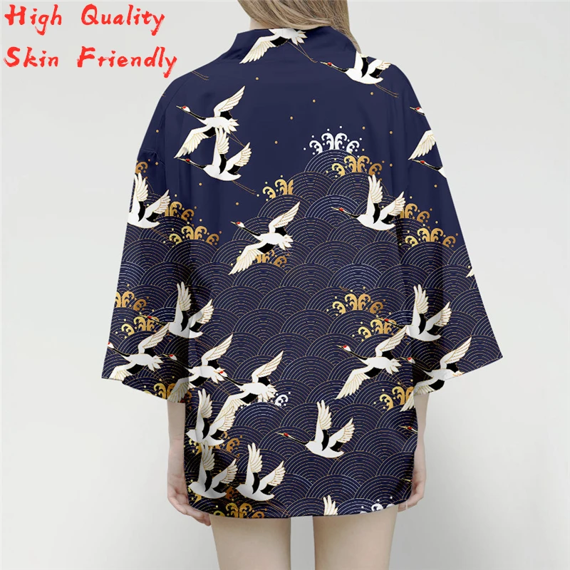 

Vintage Japanese Harajuku Style Blouse Kimono Cardigan Shirts Printed Japan Kimono Crane Print Asian Clothes Harajuku Streetwear