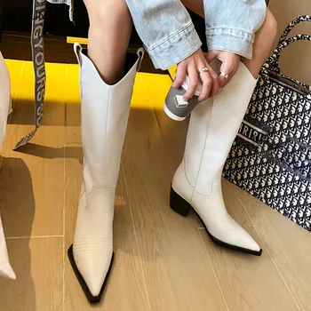 

Black White Genuine Leather Pointed Toe Women Boots Square Heel Runway Knee-high Long Boots Slip on Rubber Sole Female Boots New