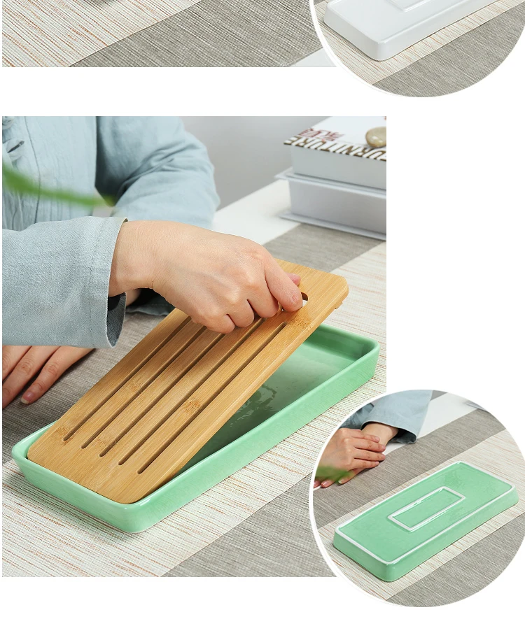 6.3Ceramics Bamboo Tea tray Drainage Water storage Kung Fu Tea set room Board table Chinese tea cup ceremony tools Tea Set
