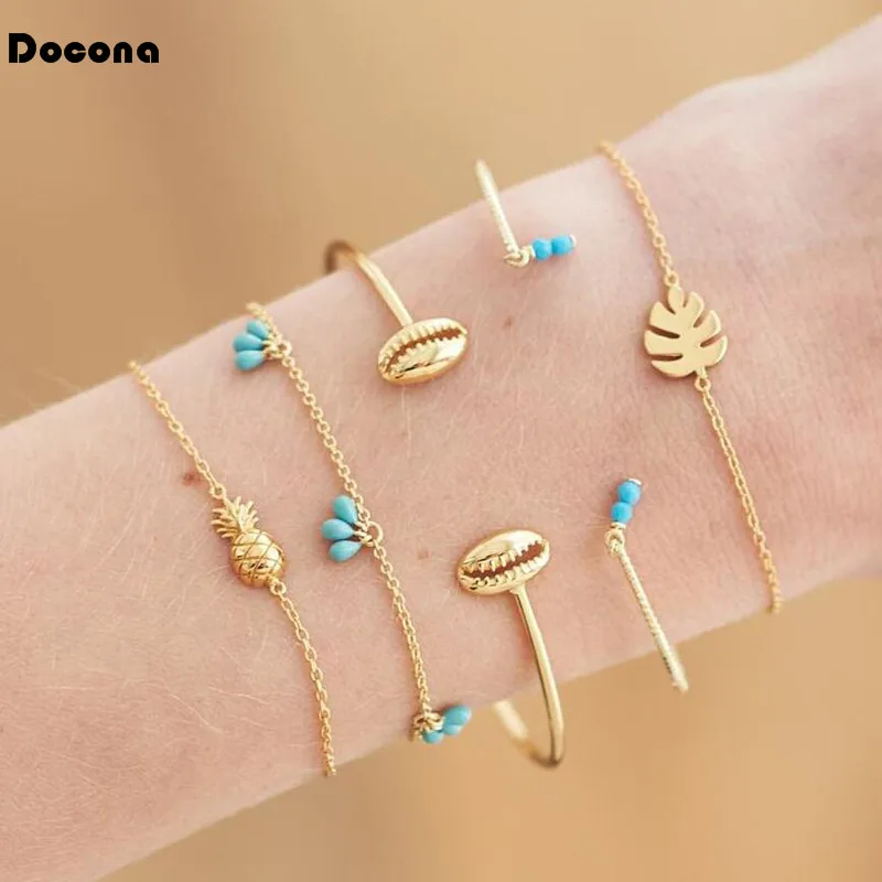 

Docona 5pcs/sets Bohemia Gold Color Bracelets Pineapple Shell Leaf Shape Chain Bangles For Women Ladies Summer Jewelry Gift 4167