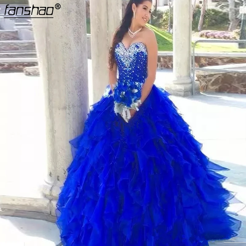 

Royal Blue 2019 Quinceanera Dresses Cascading Ruffles Ball Gown Sweetheart Beaded Neckline Organza Corset Sweet 16 Party Dresse