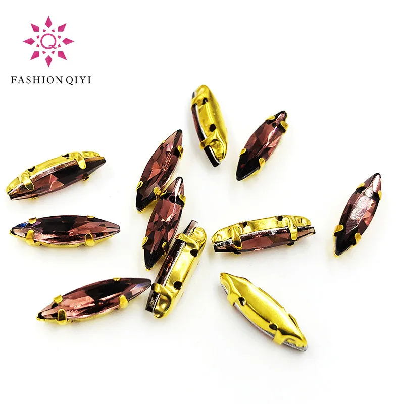 4x15mm Wine red Horse eye shape 50pcs/pack Glass Crystal Gold bottom sew on claw rhinestones with holes diy Sewing On Garment