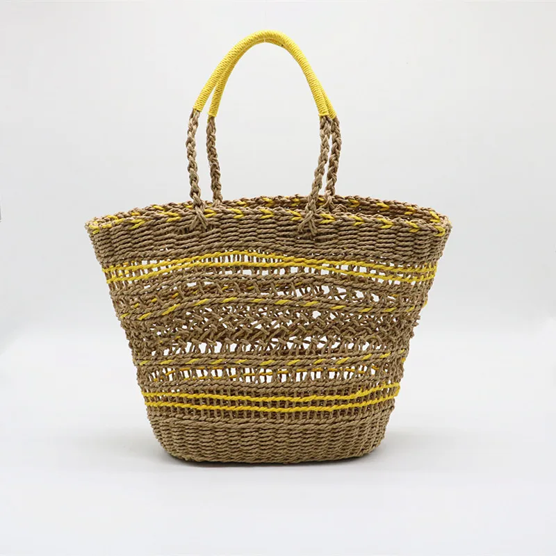 

2019 new hollowed-out straw bag for women, yellow one-shoulder beach bag for female, hand-woven handbag for ladies tide