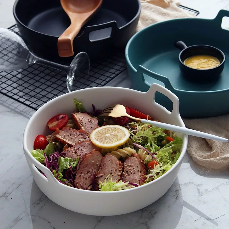 

9inch Creative Ceramic Salad Bowl with Double Handle Extra Deep Porcelain Serving Dish for Fruit Nuts Vegetable Plate Tableware