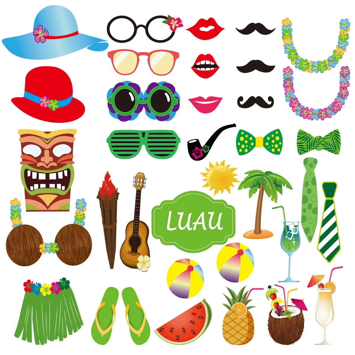 36pcs Luau Photo Booth Props Hawaiian Photobooth Props For Beach Luau