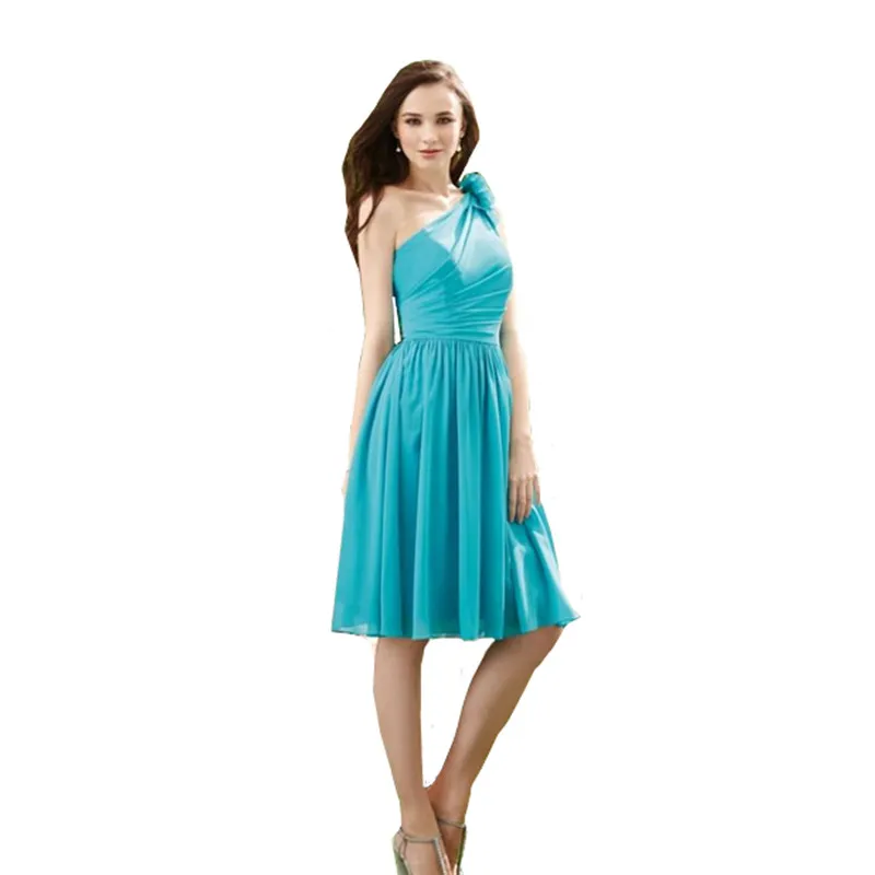 One Shoulder Teal Bridesmaid Dresses Short Chiffon Knee Length Formal