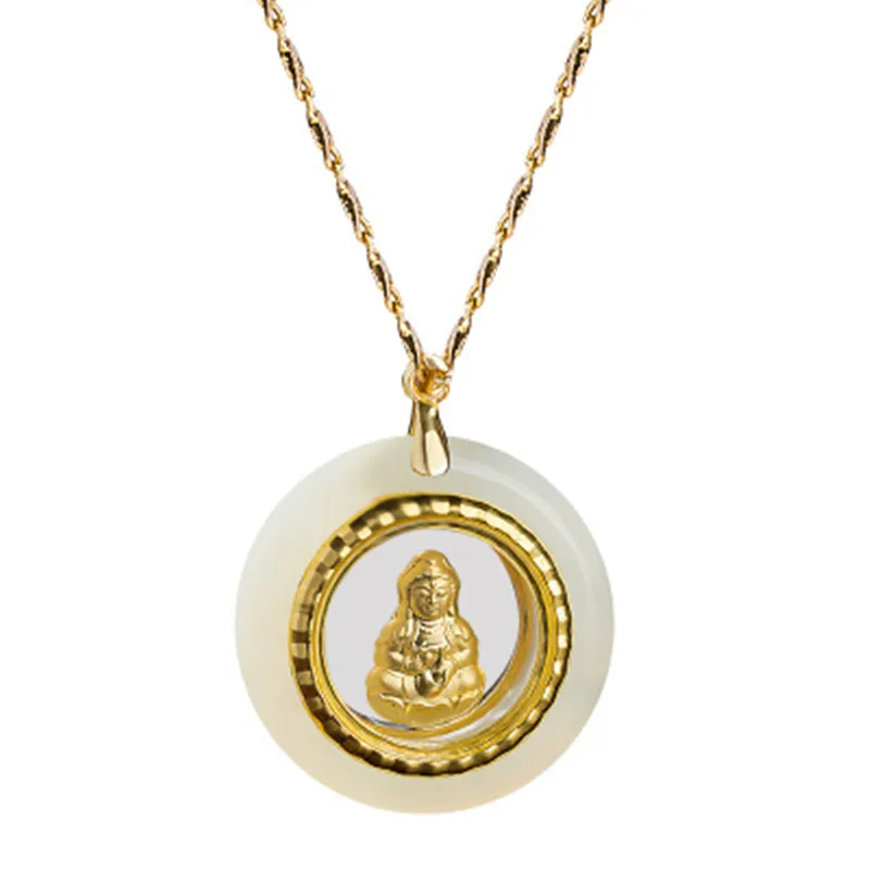 Подвеска Guanyin с золотым инкрустированным нефритом, для работы с кулоном, мужской патрон, богиня, Золотая пара, ожерелье, амулет