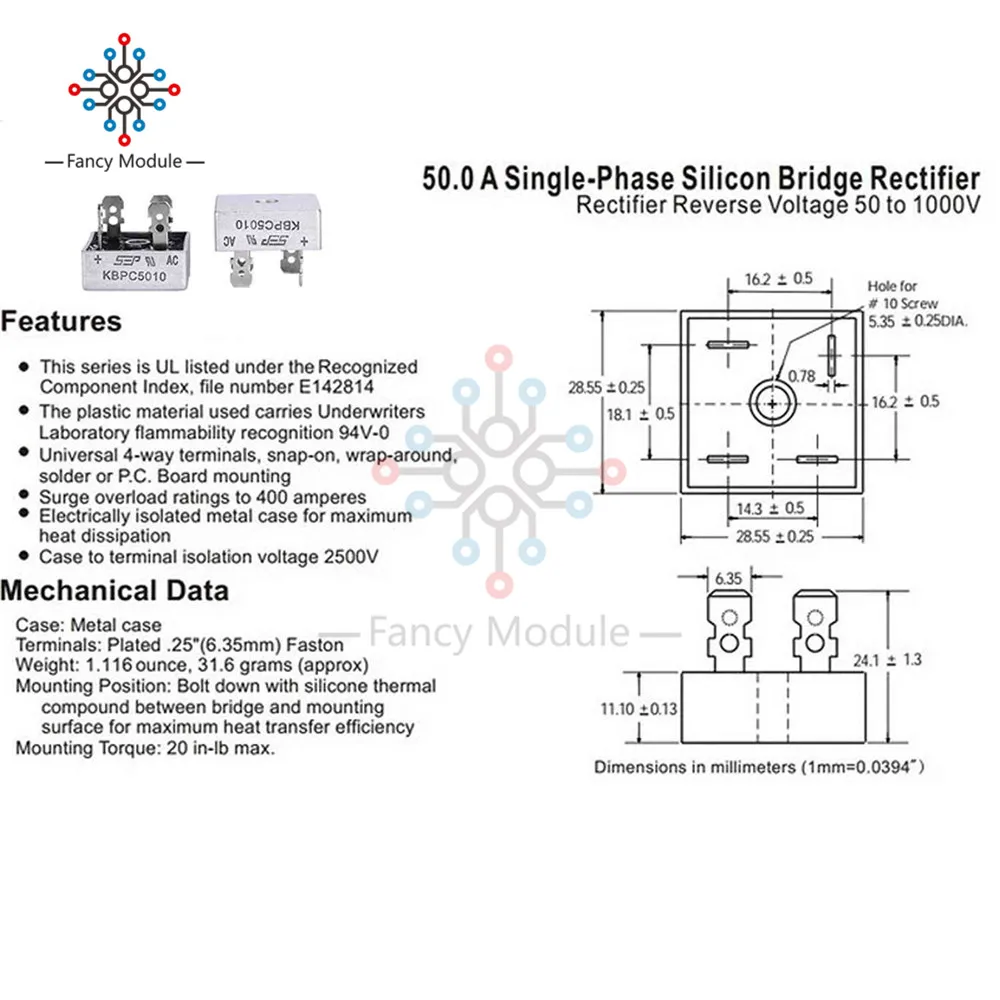 Metal Case Single Phases Diode Rectifier KBPC5010 10PCS 50A //1000V