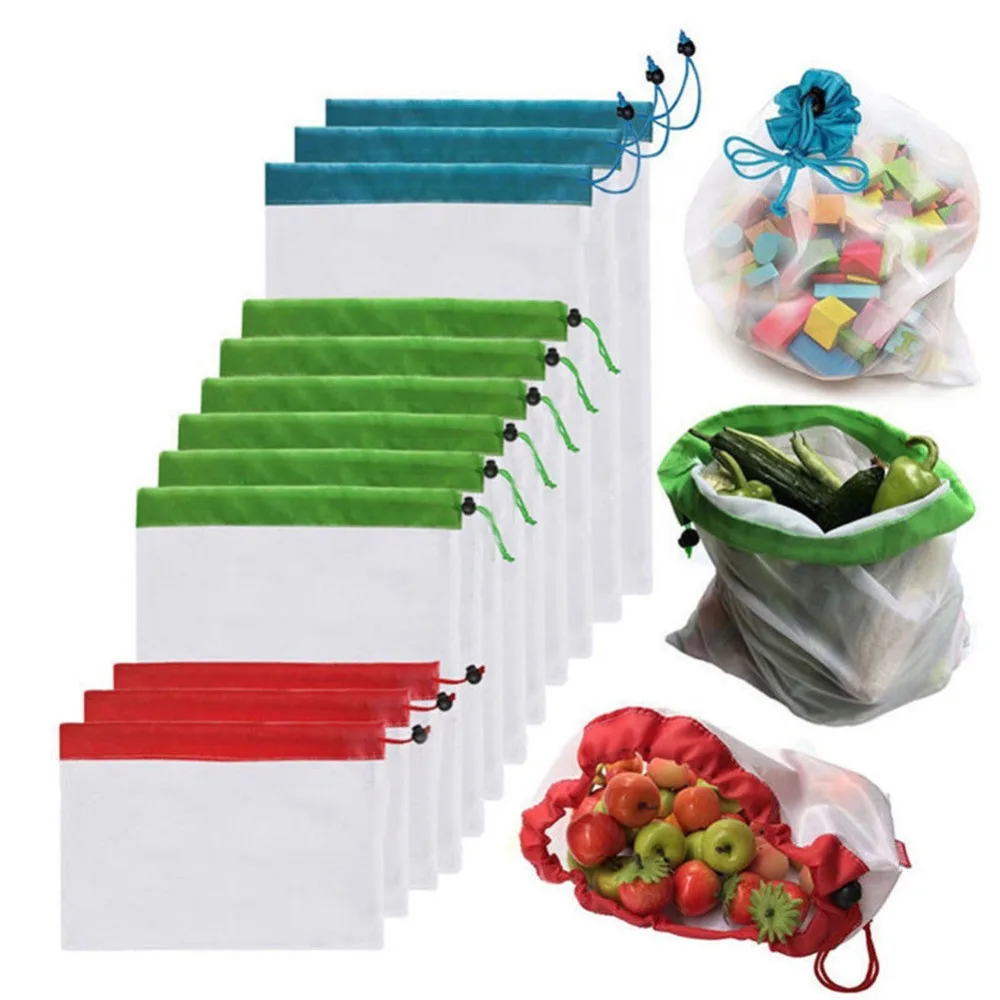 

12pcs/lot Reusable Mesh Produce Bags Washable Eco Friendly Bags for Grocery Shopping Storage Fruit Vegetable Toys Sundries