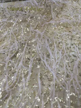 

White Bridal French net lace with beads sequins feather Nigerian African tulle mesh lace fabric for wedding dress