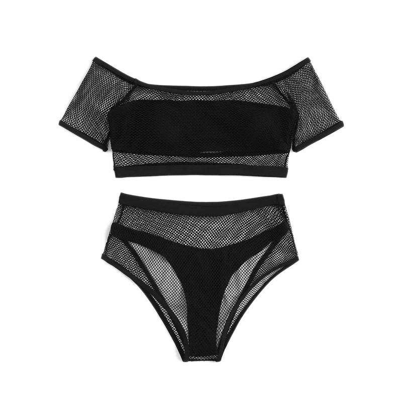 Romwe, спортивные черные сетчатые комплекты из двух предметов с открытыми плечами, 4 пары в упаковке, женские белые пляжные купальники с высокой талией без косточек