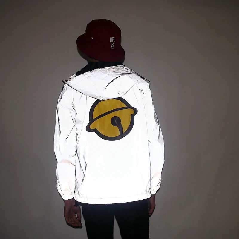 

Aolamegs Men Jacket Cute Printed Hooded Thin Windbreaker Waterproof Jacket Hip Hop Zipper Reflective Outwear Streetwear
