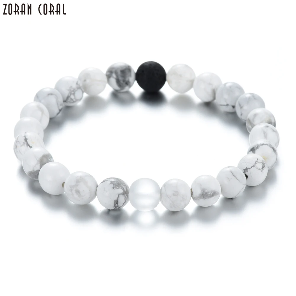 

ZORAN CORAL Luxury Brand Black Lava Stone & White Natural Stone Beads Bracelet Men Charm Bracelet homme pulseira masculina 2018