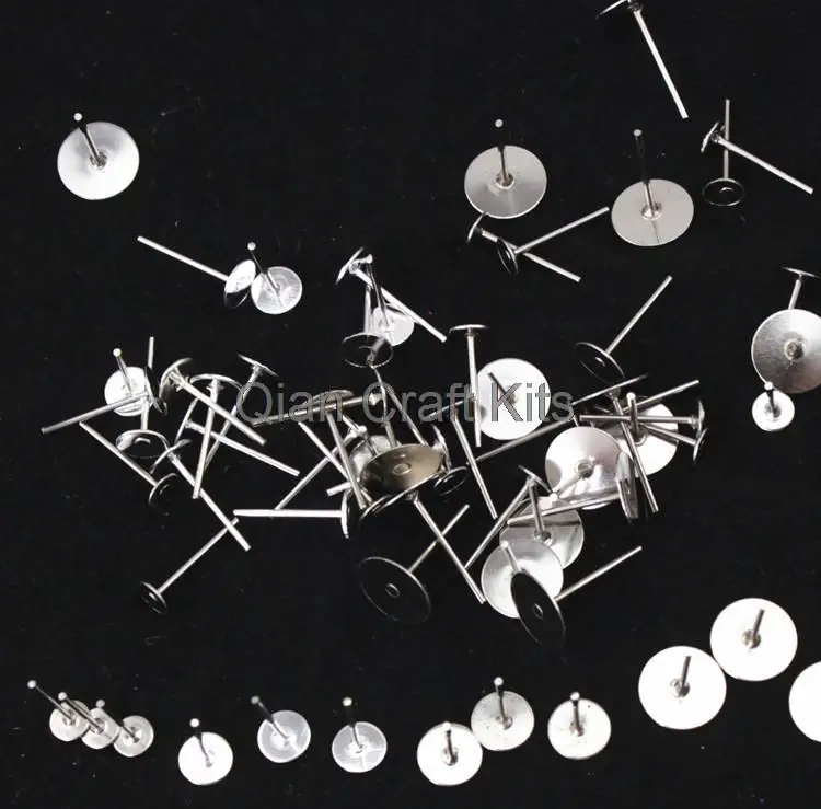 

500 sets mixed sizes Surgical Earstuds Blank Earring Posts w/ free stopper Glue on Flat Pad (4mm-8mm )Silver or rhodium