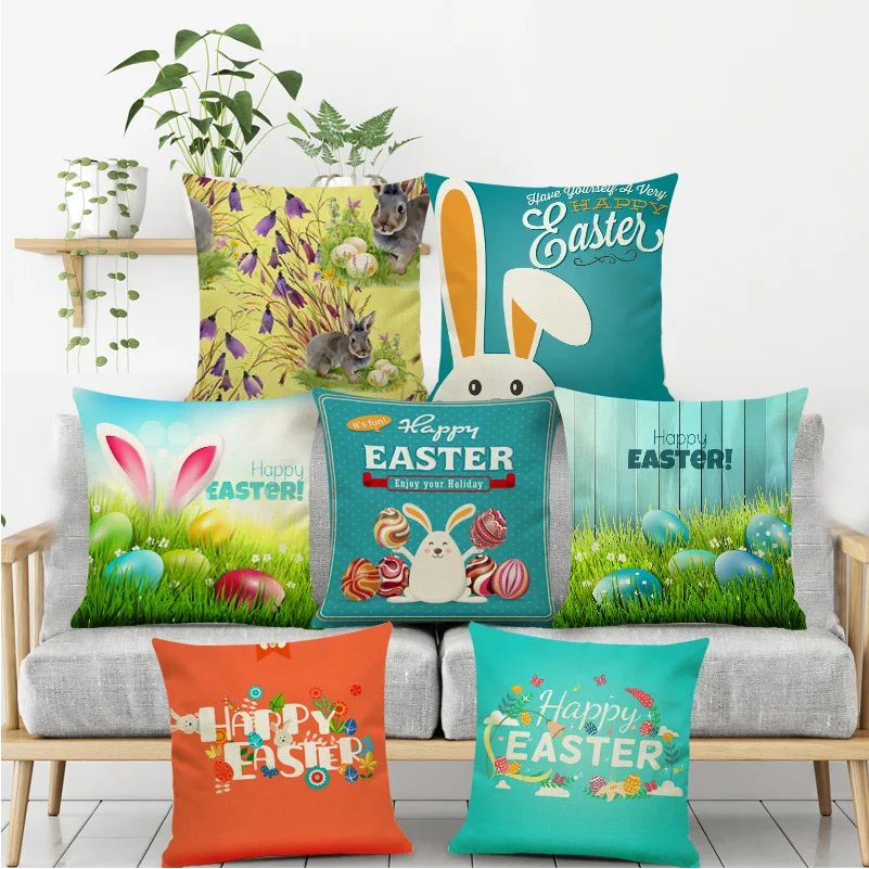 

Happy Easter cartoon eggs cute rabbit Cushion Cover Decorative Home sofa chair seat room pillow case friend festival kids gift