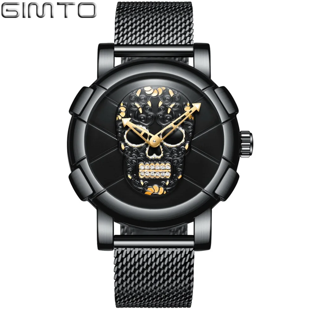 

GIMTO 2018 Fashion Skull Men Quartz Watch Luxury Mesh Band Sport Wristwatch Vintage Creative man clock Casual relogio masculino