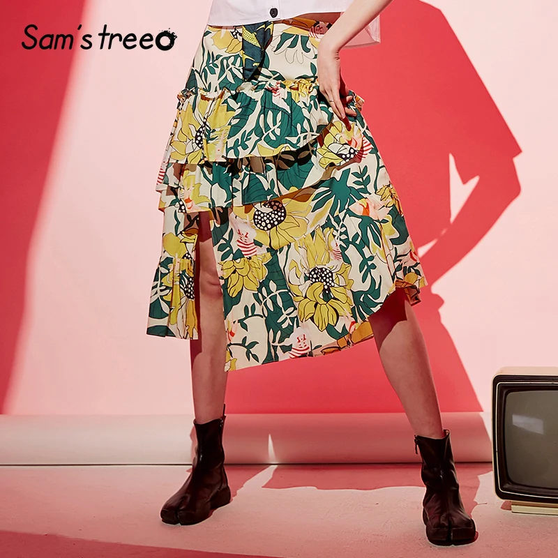 Samstree النساء ألف خط تول التنانير الصيف 2019 خمر خليط طويل تنورة منتصف العجل فام مطاطا الخصر مخطط تنورة قيعان