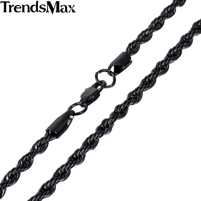 Trendsmax 3/4 мм широкий мужские цепи Цепочки и ожерелья черный Нержавеющая сталь Rope Chain, KN403 KN405